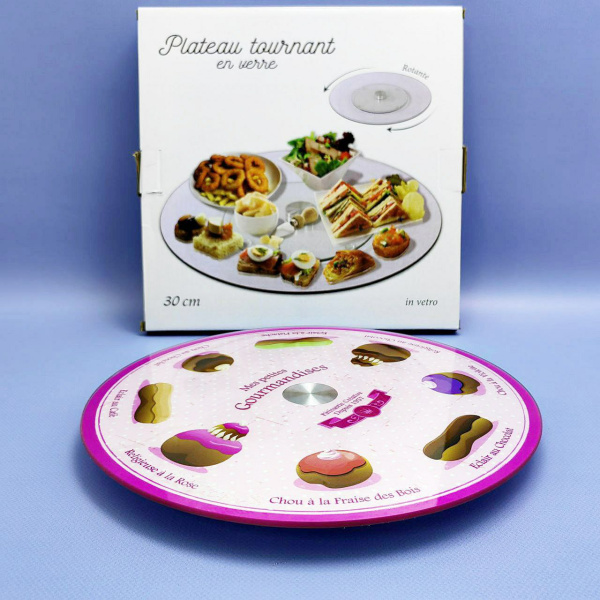Подставка для торта/поворотный стол для кондитера на стеклянном крутящемся диске, Ø-30см, Plateau tournant en werre цвет MIX